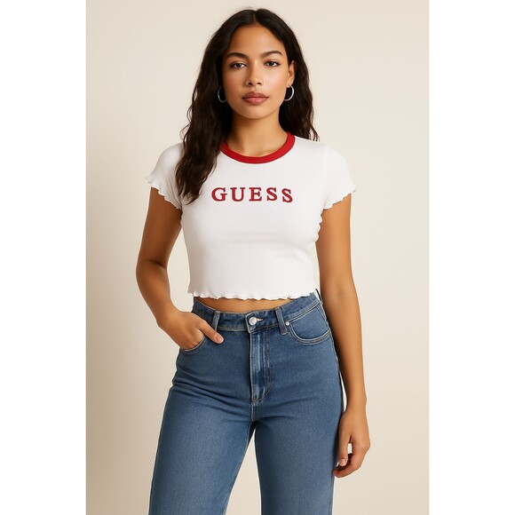 GUESS Womens Small White Red Ringer Baby Tee Logo Y2K Crop - Picture 6 of 7
